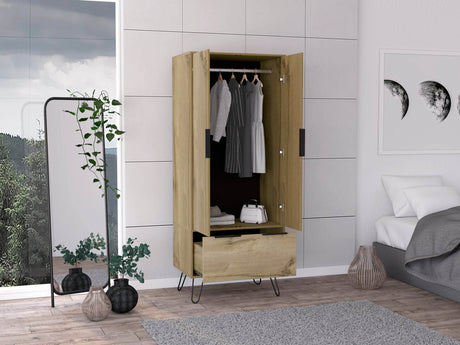 Light Oak Two-Door Wooden Wardrobe With Drawer - Omega Lifestyles