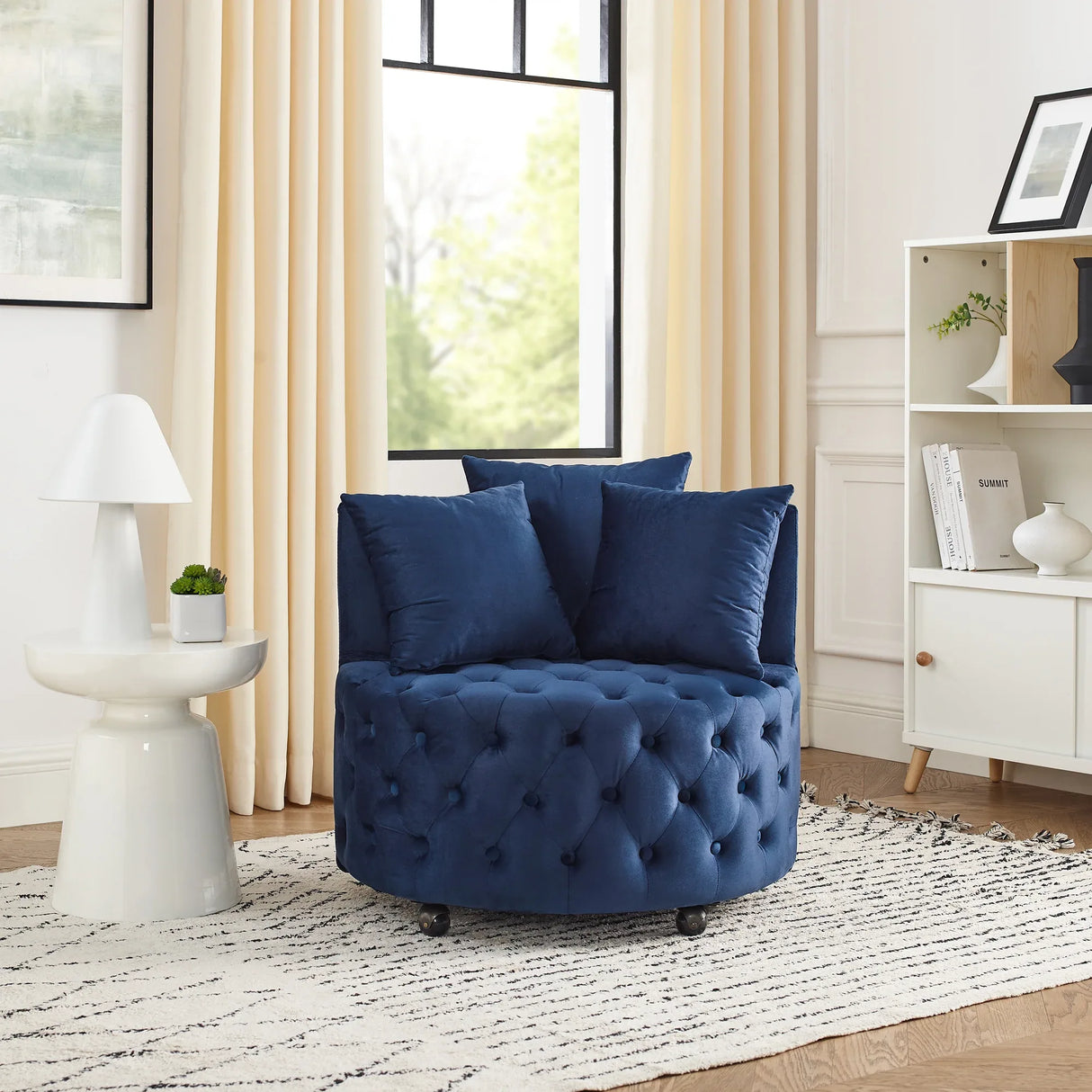 Velvet Upholstered Blue Swivel Chair With Pillows - Omega Lifestyles