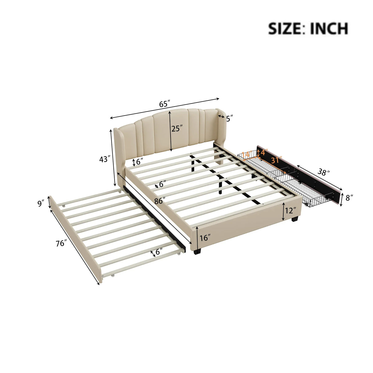 Queen Upholstered Platform Bed With Wingback Headboard Trundle - Omega Lifestyles