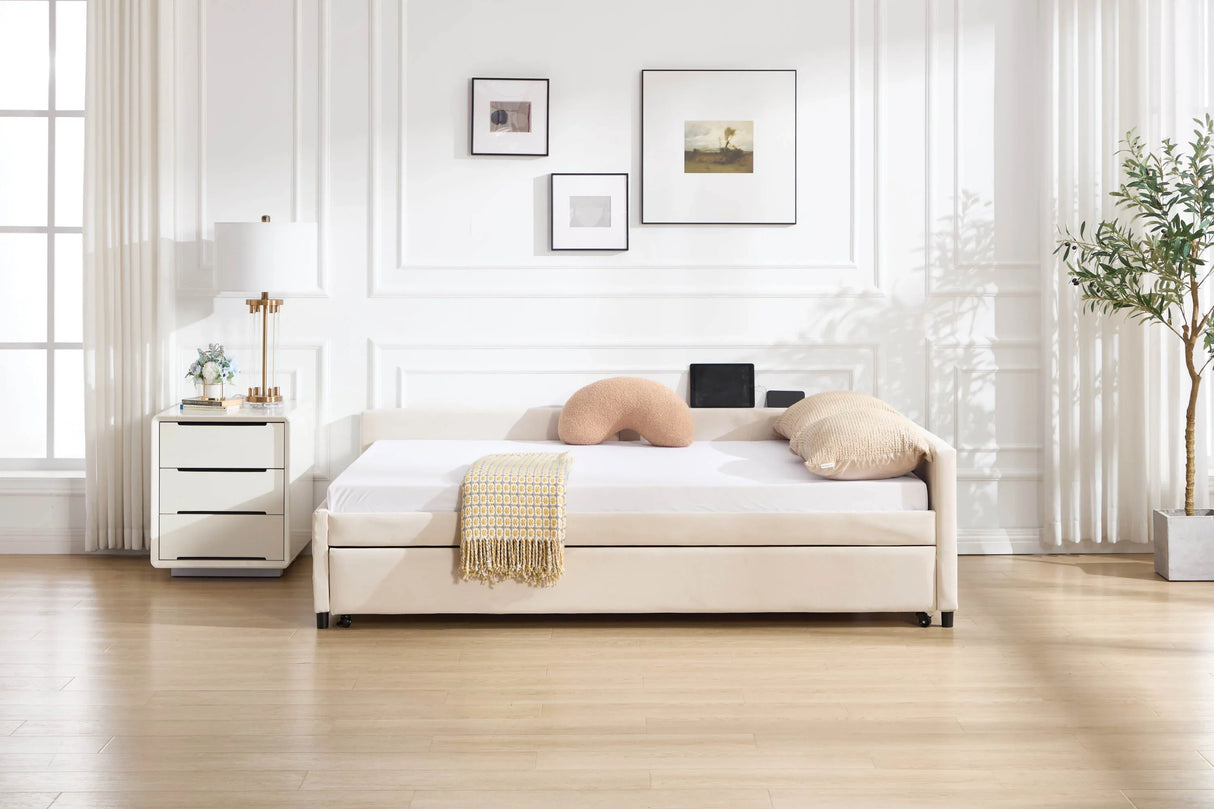 Twin Velvet Upholstered Daybed With Trundle Modern Design - Omega Lifestyles