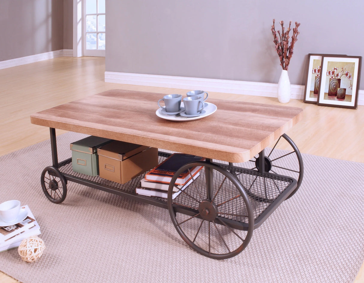 Rustic Oak Metal Wood Industrial Coffee Table - Omega Lifestyles