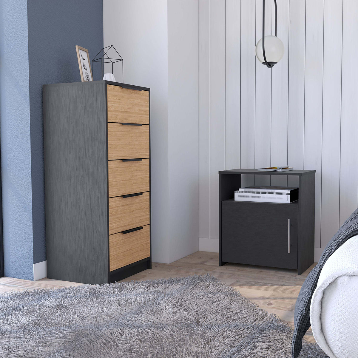 2-Piece Full Bedroom Set Black Particle Board Furniture