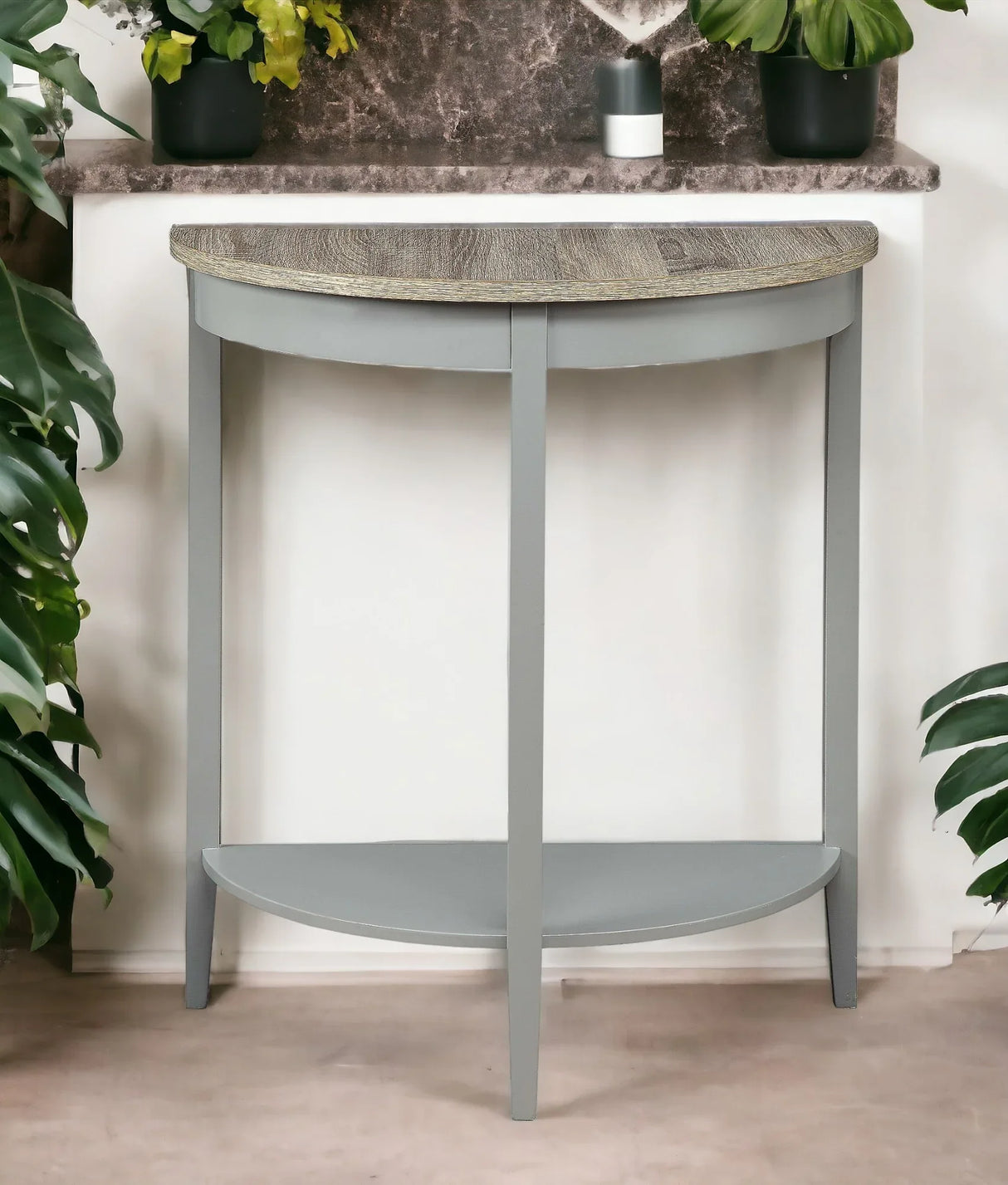 Natural Oak Gray Finish Half-Moon Console Table - Omega Lifestyles