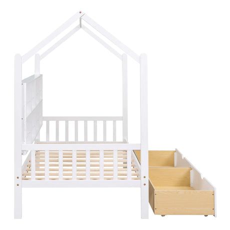 Twin Solid Wood Kids House Bed With Storage Drawers - Omega Lifestyles