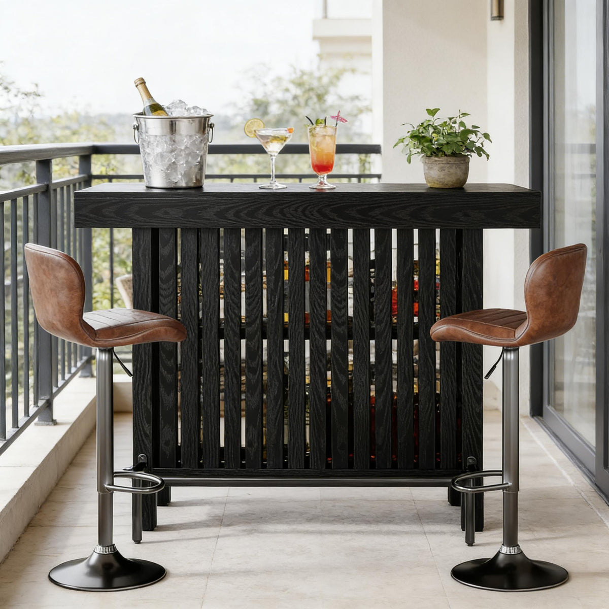 Multipurpose Black Metal Wood Bar Table With Storage