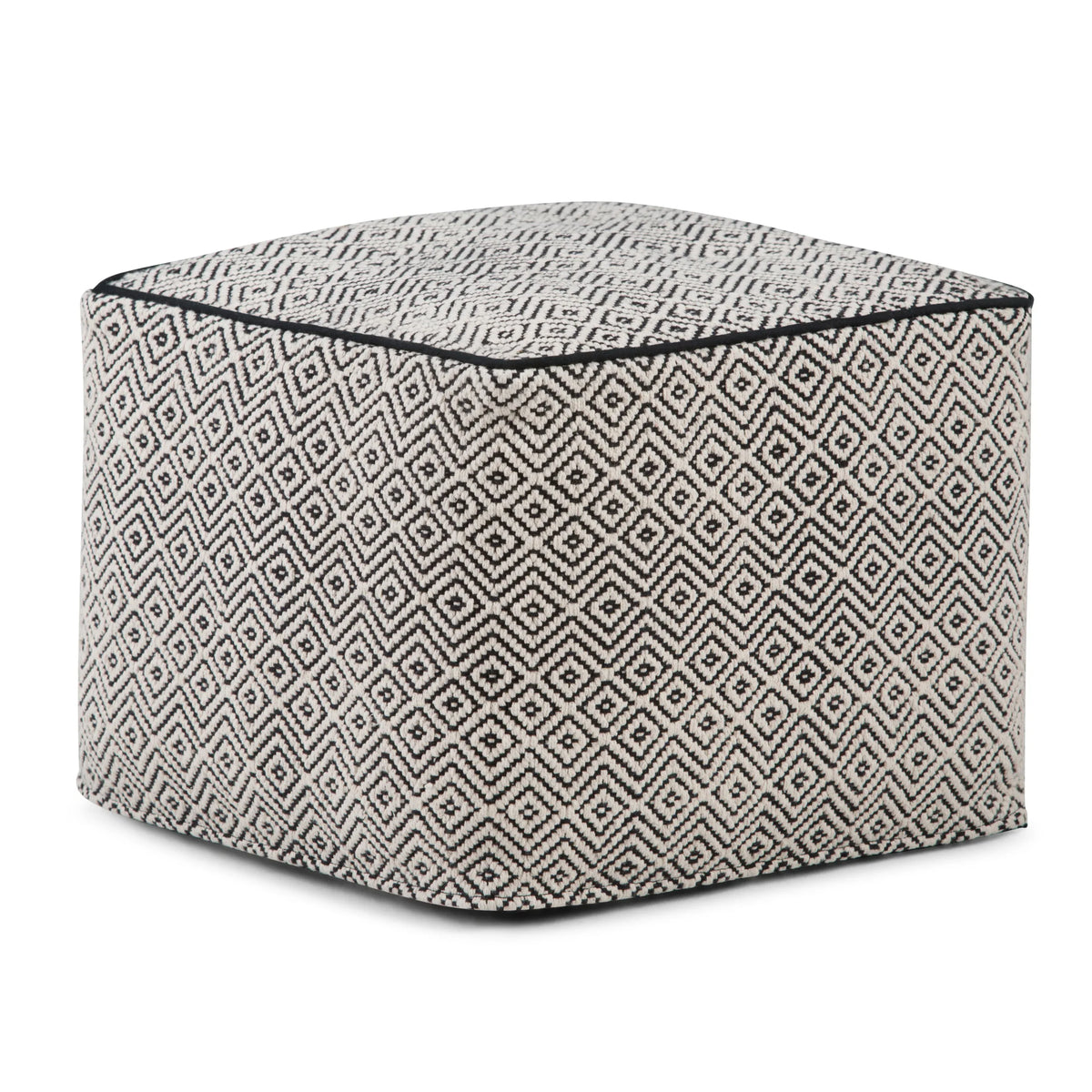 Black Patterned Upholstered Fabric Square Pouf Seating Stool - Omega Lifestyles