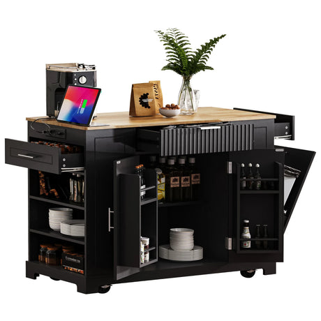 Fluted Rubber Wood Kitchen Island With Trash Can Cabinet - Omega Lifestyles