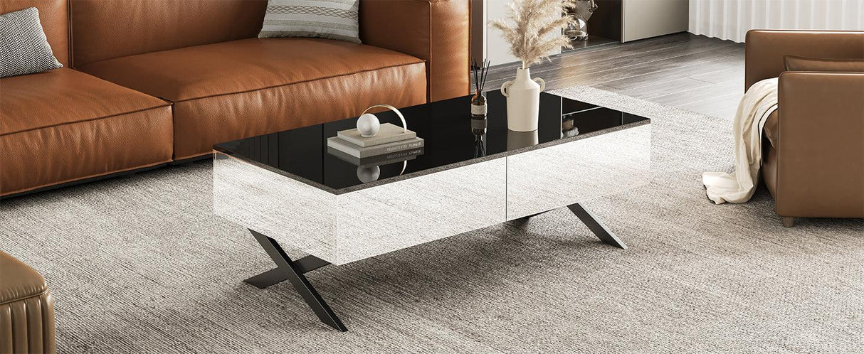 Rectangular Mirrored Coffee Table With Metal Base Storage - Omega Lifestyles