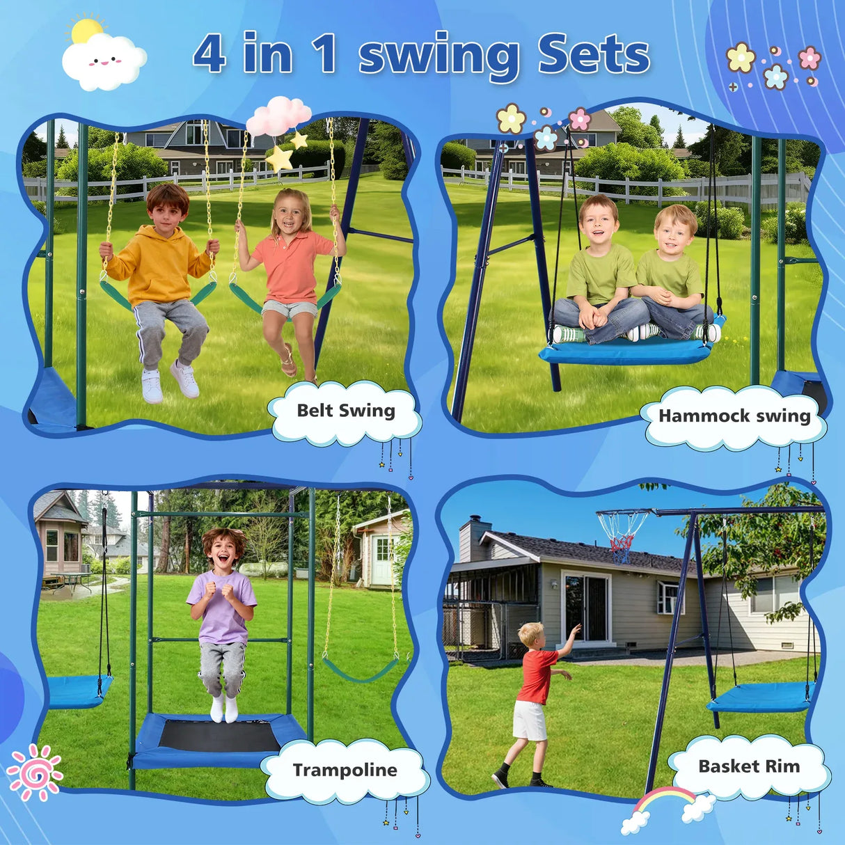 4-in-1 Backyard Steel Swing Set With Trampoline - Omega Lifestyles