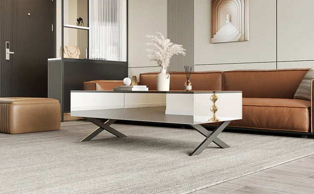 Rectangular Mirrored Coffee Table With Metal Base Storage - Omega Lifestyles