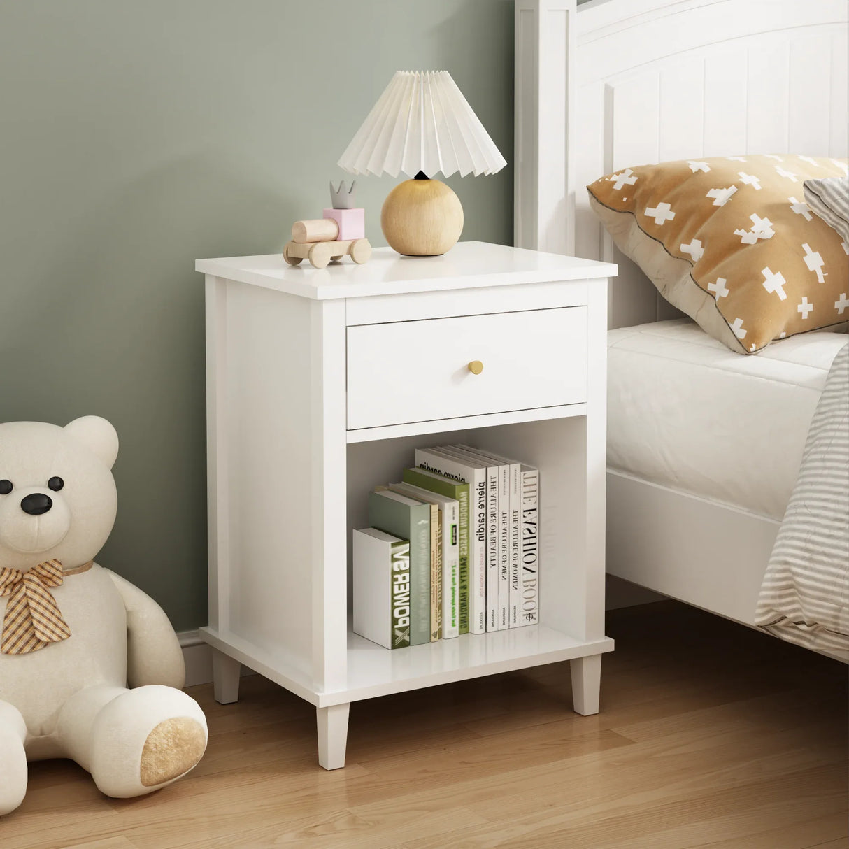 White MDF Kids Wooden Nightstand With Drawer Shelf - Omega Lifestyles