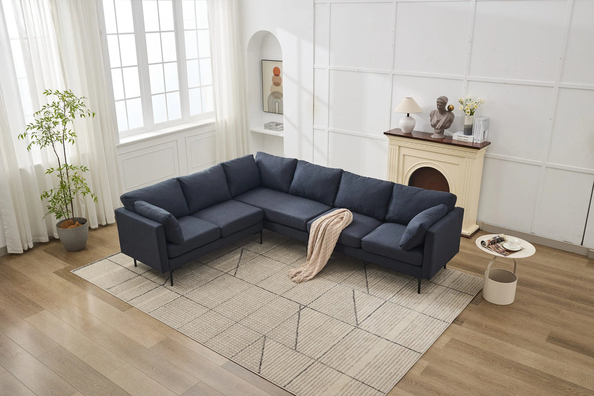 L-Shaped Grey Linen 6-Seat Convertible Sofa With Pillows - Omega Lifestyles