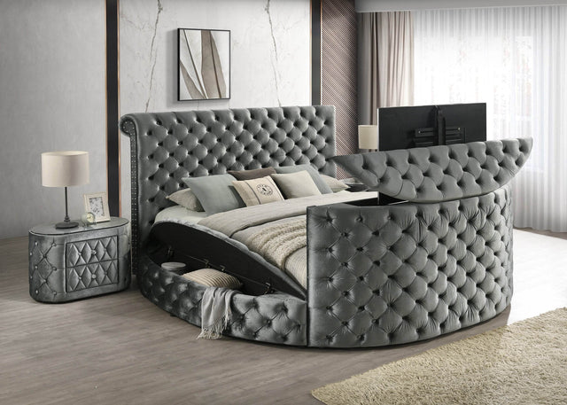 Queen Storage Bed With Electric Fireplace And TV Lift - Omega Lifestyles
