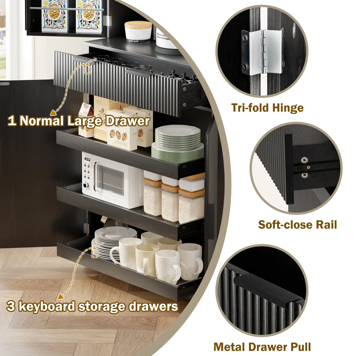 Fluted Freestanding Kitchen Pantry Cabinet With Drawers - Omega Lifestyles