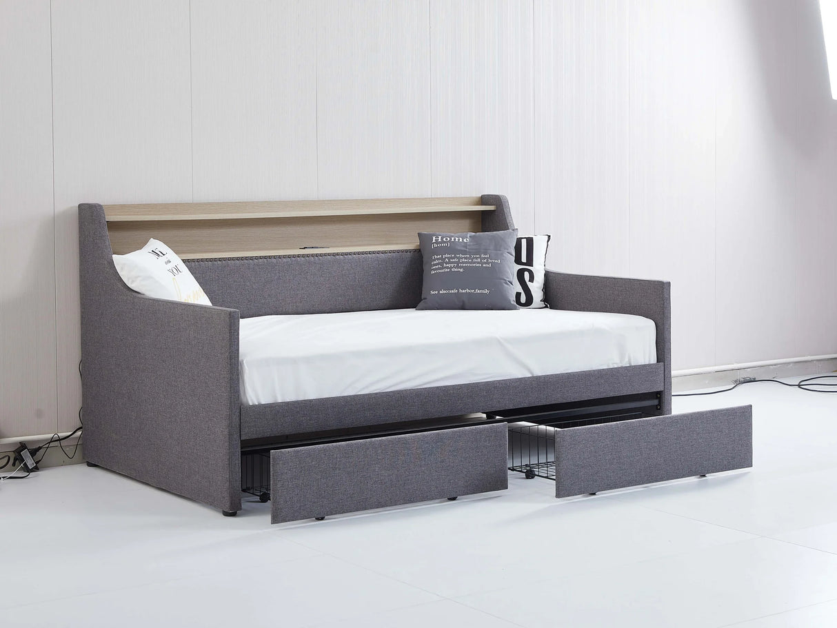 Twin Linen Upholstered Daybed With Storage Drawers Charging Station - Omega Lifestyles
