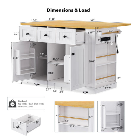 Large Kitchen Island Cart With Drop Leaf And Power Outlet - Omega Lifestyles
