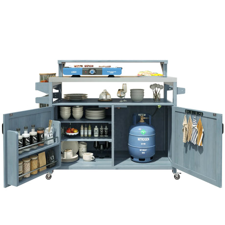 Outdoor Rolling Grill Cart With Raised Shelf Storage - Omega Lifestyles