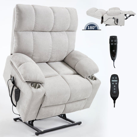 Beige Chenille Power Lift Recliner Chair With Massage Heating - Omega Lifestyles