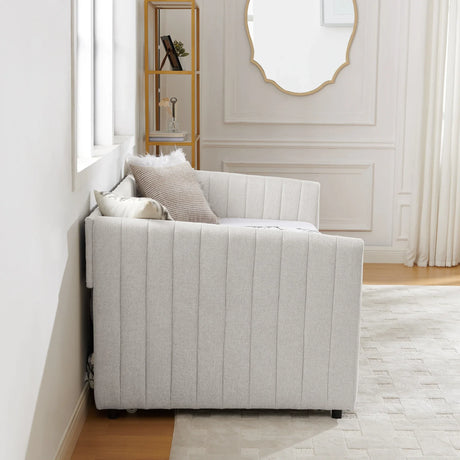 Twin Upholstered Linen Daybed With Functional Trundle - Omega Lifestyles