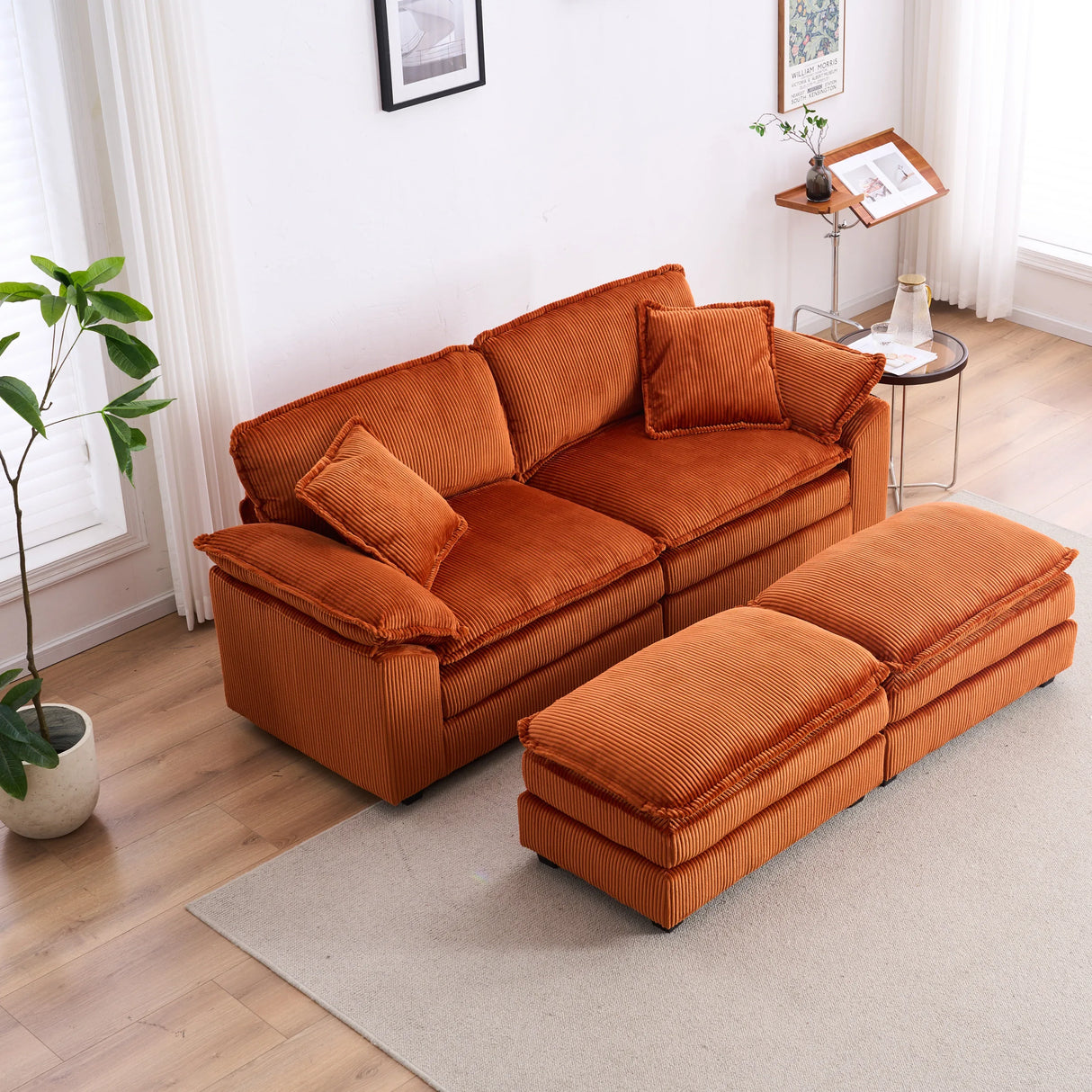 Corduroy 2-Seat Sofa With Pillows And Ottomans - Omega Lifestyles