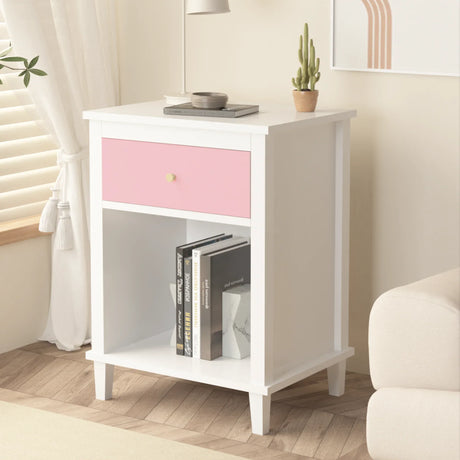 Pink MDF Wooden Nightstand With Drawer And Shelf - Omega Lifestyles
