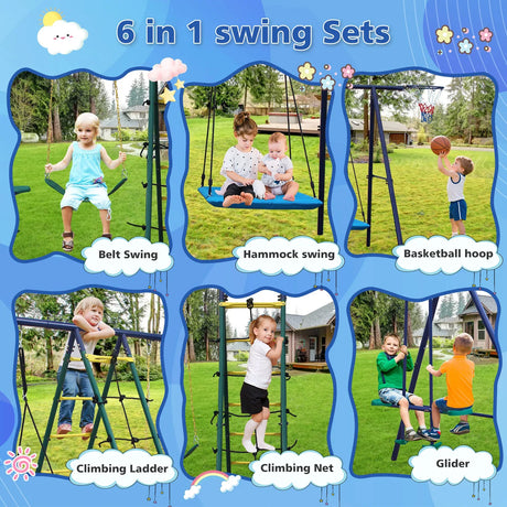 6-in-1 Steel Backyard Swing Set With Climbing Ladder - Omega Lifestyles