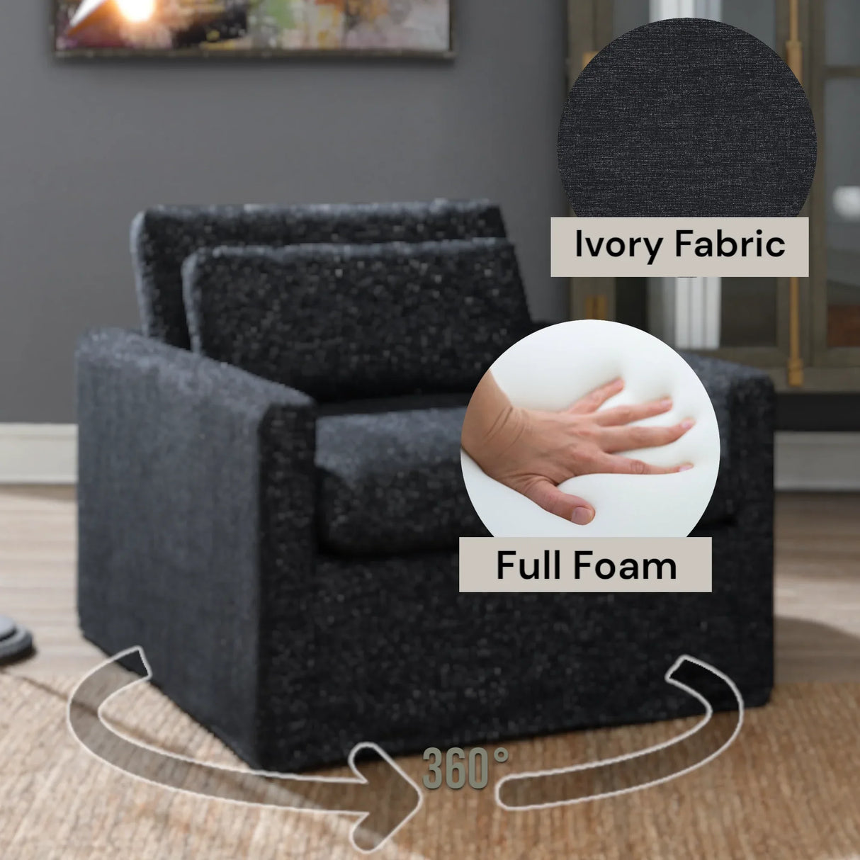 Dark Gray Fabric Foam-Filled Swivel Chair With Toss Pillow - Omega Lifestyles