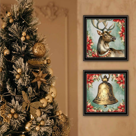 2-Piece Old World Reindeer Bell Black Framed Wall Art - Omega Lifestyles