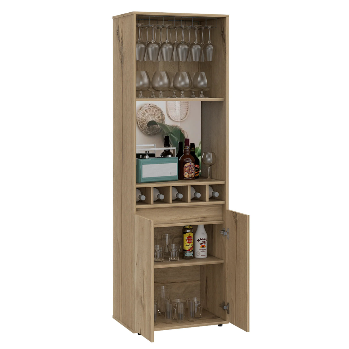 Light Oak 71-Inch Bar Cabinet With Wine Glass Rack - Omega Lifestyles