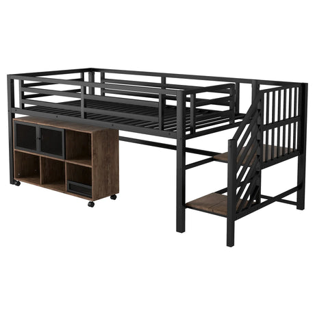 Twin Metal Low Loft Bed With Storage Cubby And Stairs - Omega Lifestyles