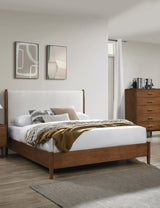 Queen Mid-Century Modern Walnut Beige Wood Bed Frame - Omega Lifestyles