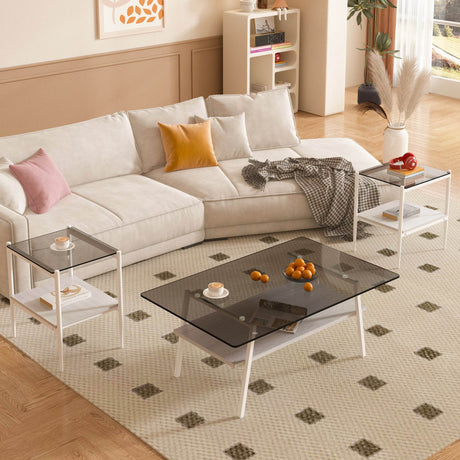 Set Of 3 Modern Tempered Glass Coffee End Tables - Sleep Galleria
