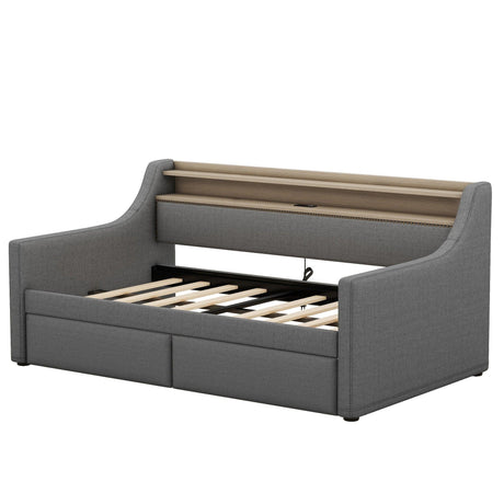 Twin Linen Upholstered Daybed With Storage Drawers Charging Station - Omega Lifestyles