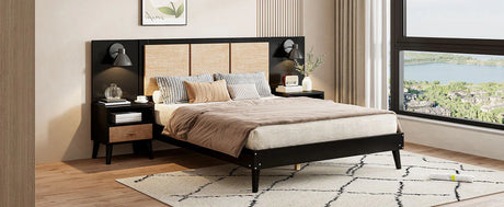Queen Solid Wood Platform Bed Frame With Nightstands And Lamps - Omega Lifestyles