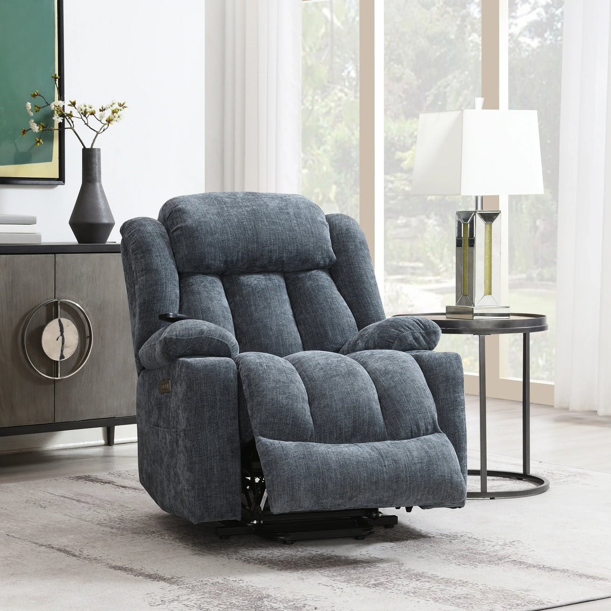 Blue Chenille Power Lift Recliner With Heating Massage - Omega Lifestyles