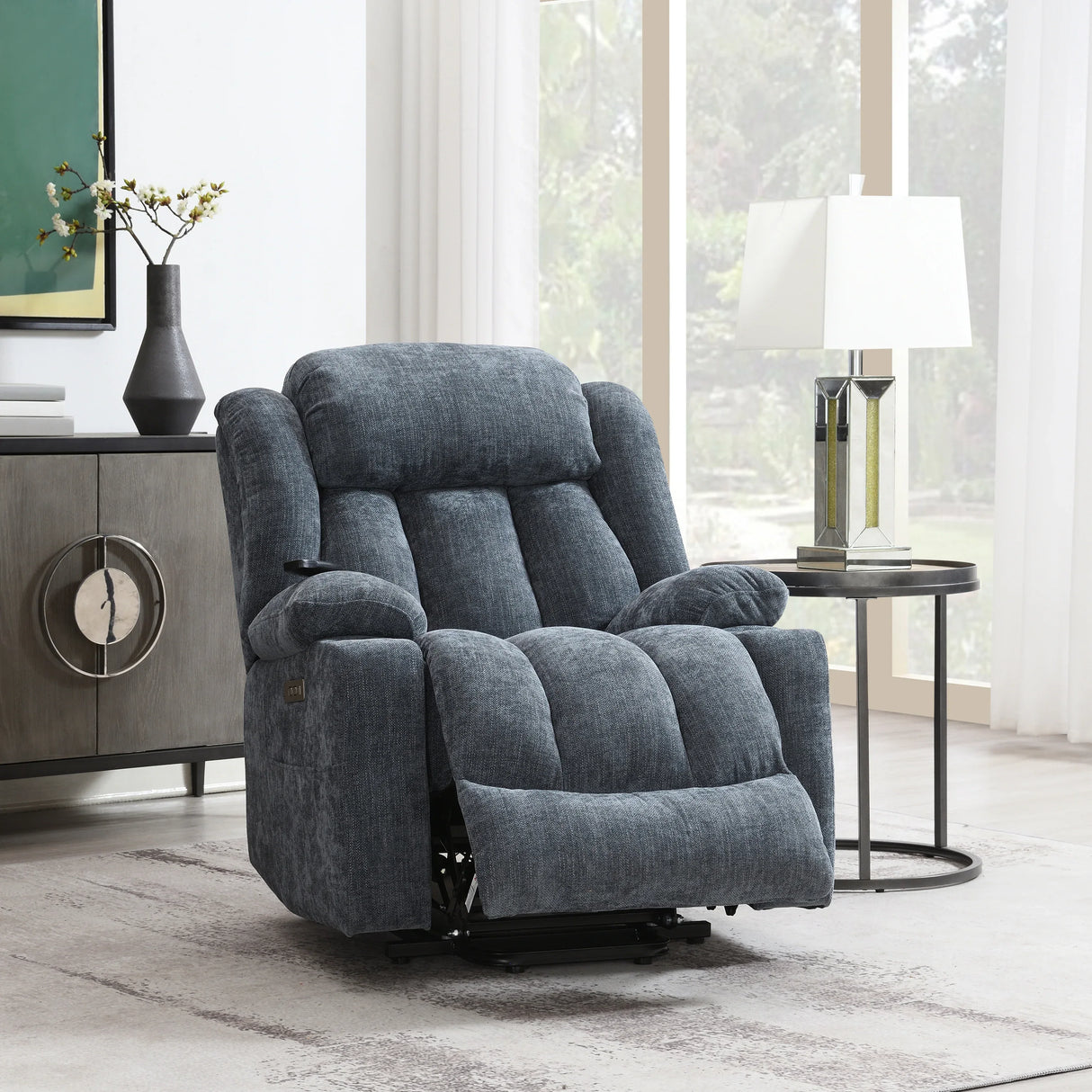 Blue Chenille Power Lift Recliner With Heating Massage - Omega Lifestyles