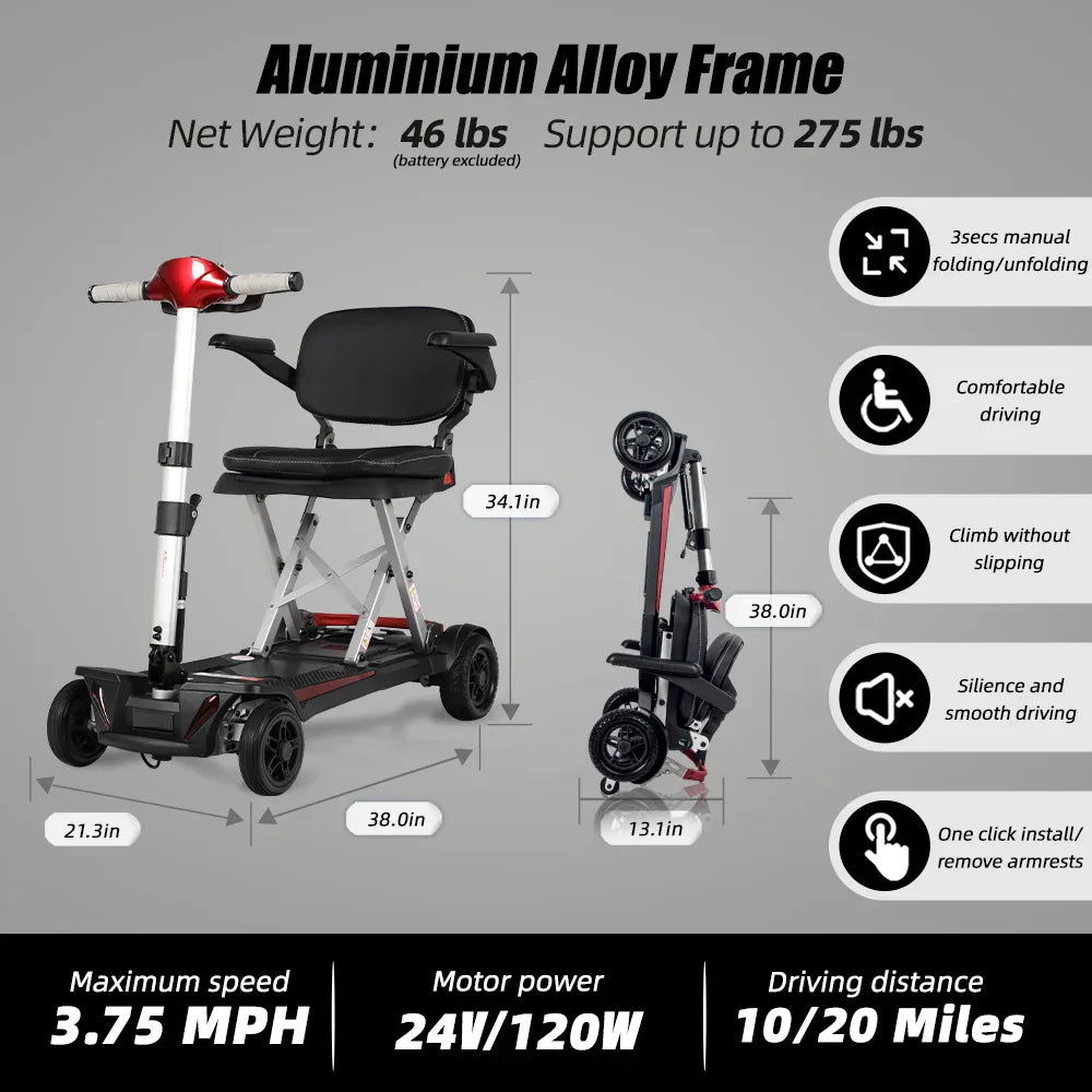 Manual Folding Portable Lightweight 4-Wheel Mobility Scooter Red - Omega Lifestyles