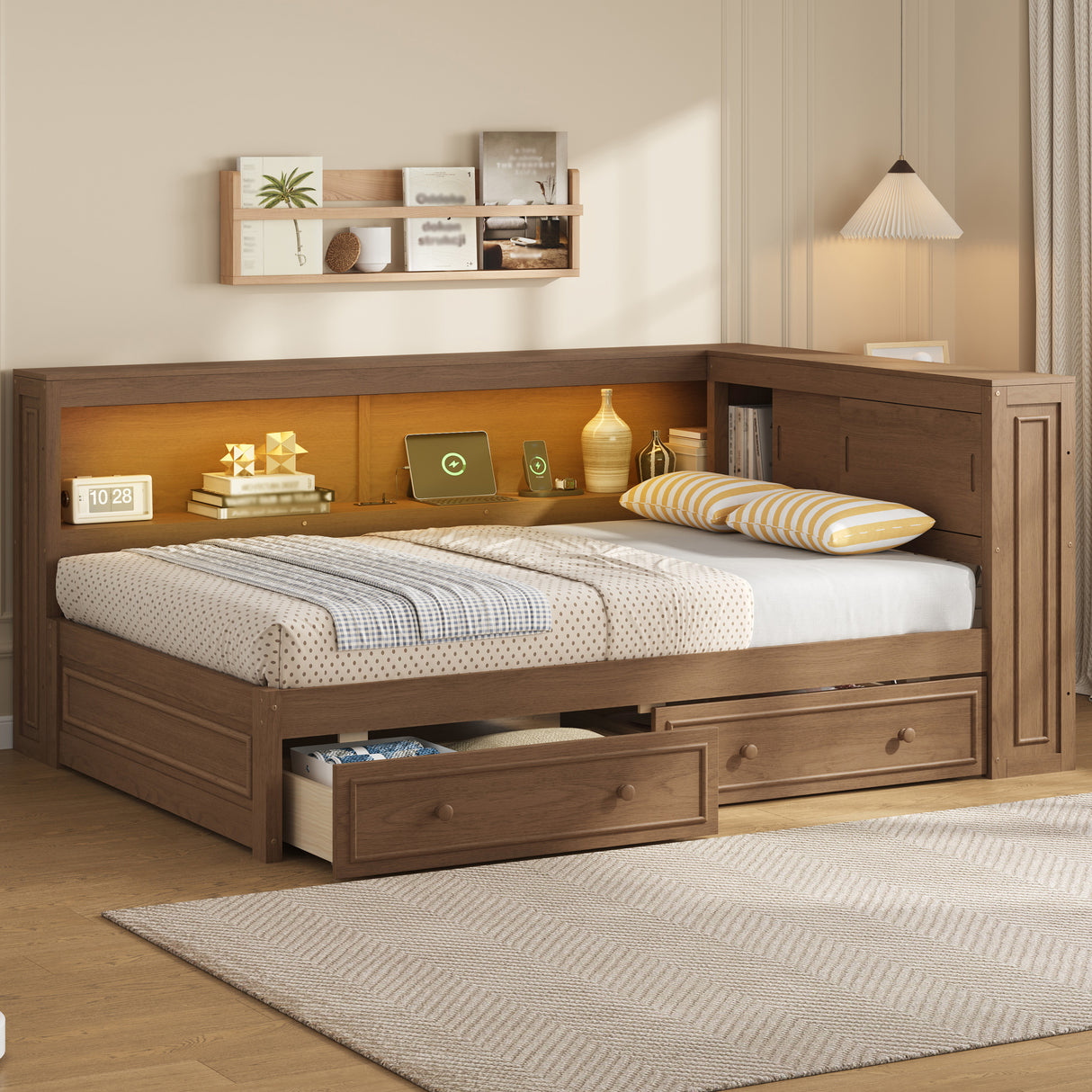 Full Full Size Wood Storage Daybed With USB LED