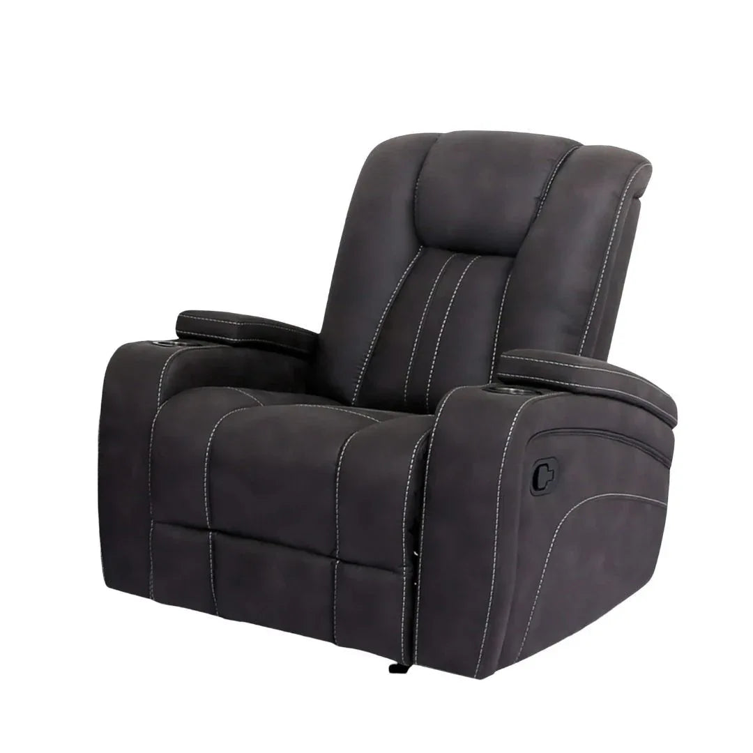 Transitional Dark Gray Fabric Glider Recliner With Cup Holders - Omega Lifestyles
