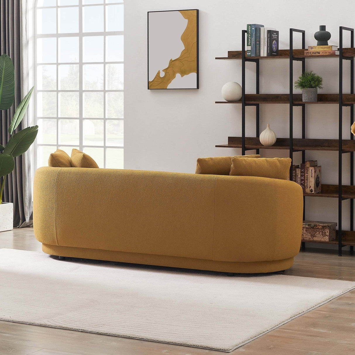 Mid-Century Modern Dark Yellow Boucle Sofa - Omega Lifestyles
