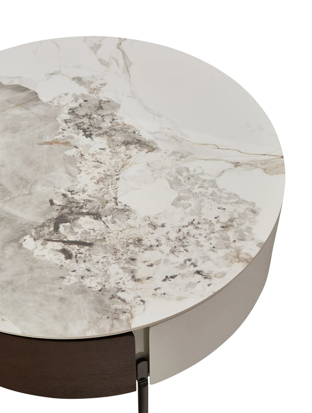 Round Ceramic Top Coffee Table With Drawers And Metal Legs - Omega Lifestyles