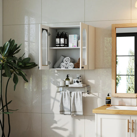 Arched Glass Door Floating Wall Cabinet With Shelves - Omega Lifestyles