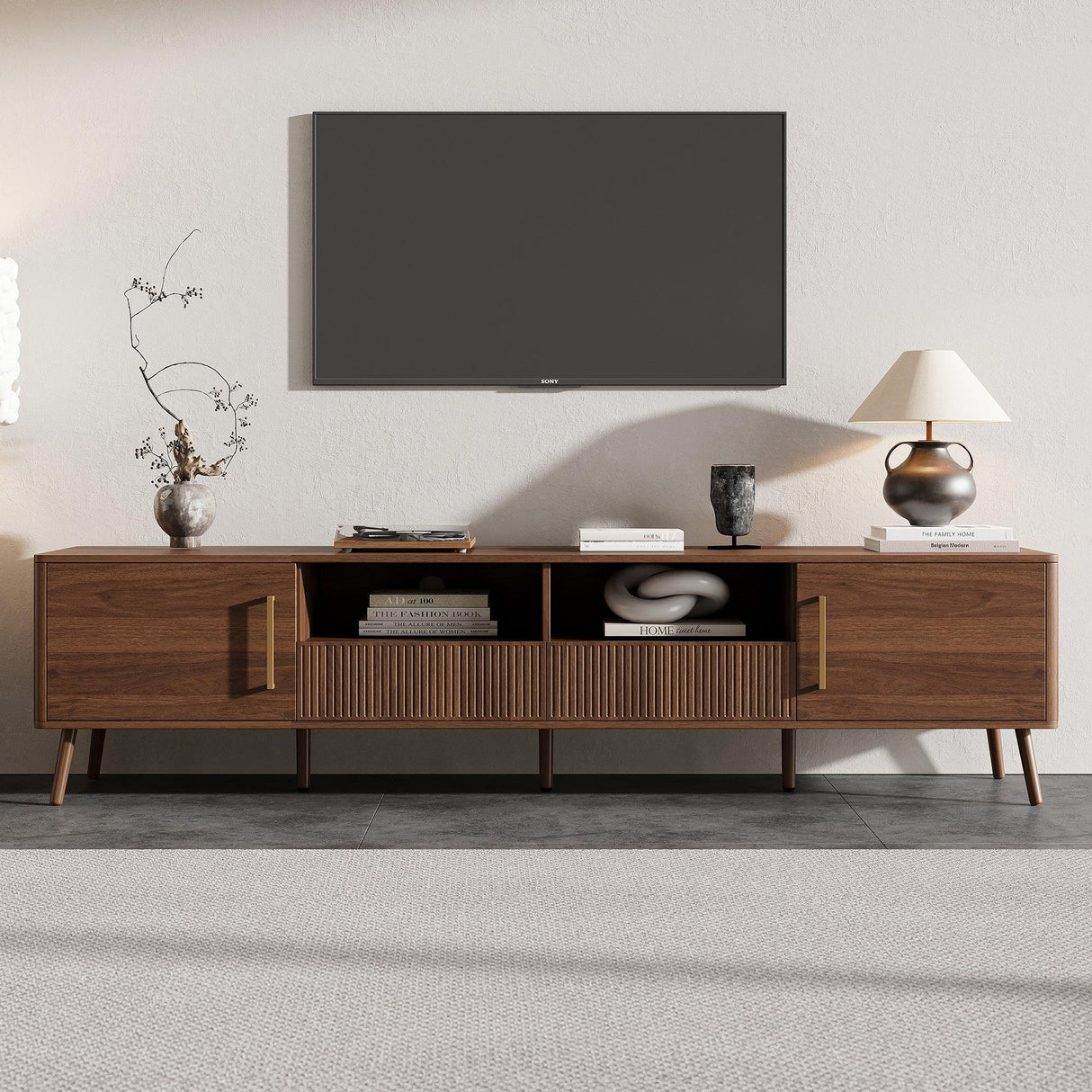 Modern Walnut TV Stand With Soft-Close Doors and Storage - Omega Lifestyles