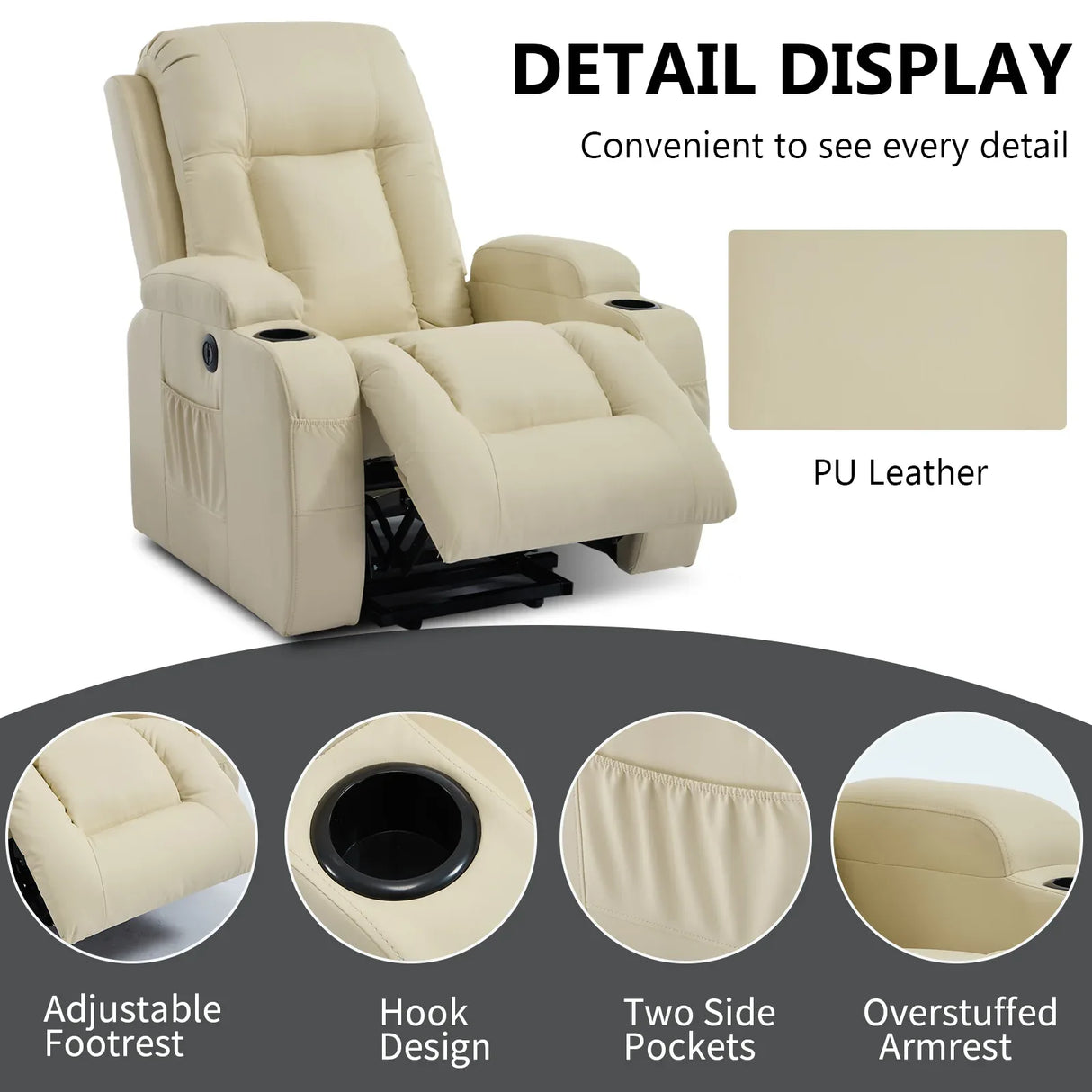 Beige PU Leather Power Lift Massage Recliner Chair - Omega Lifestyles