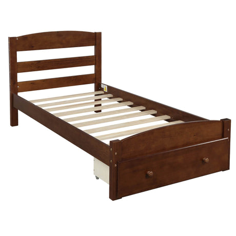 Twin Walnut Solid Wood Platform Bed Frame With Storage Drawer - Omega Lifestyles