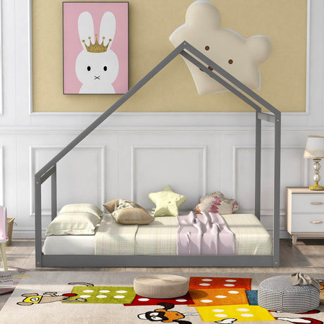 Full Full-Size Solid Wood Kids House Bed Frame Gray - Omega Lifestyles