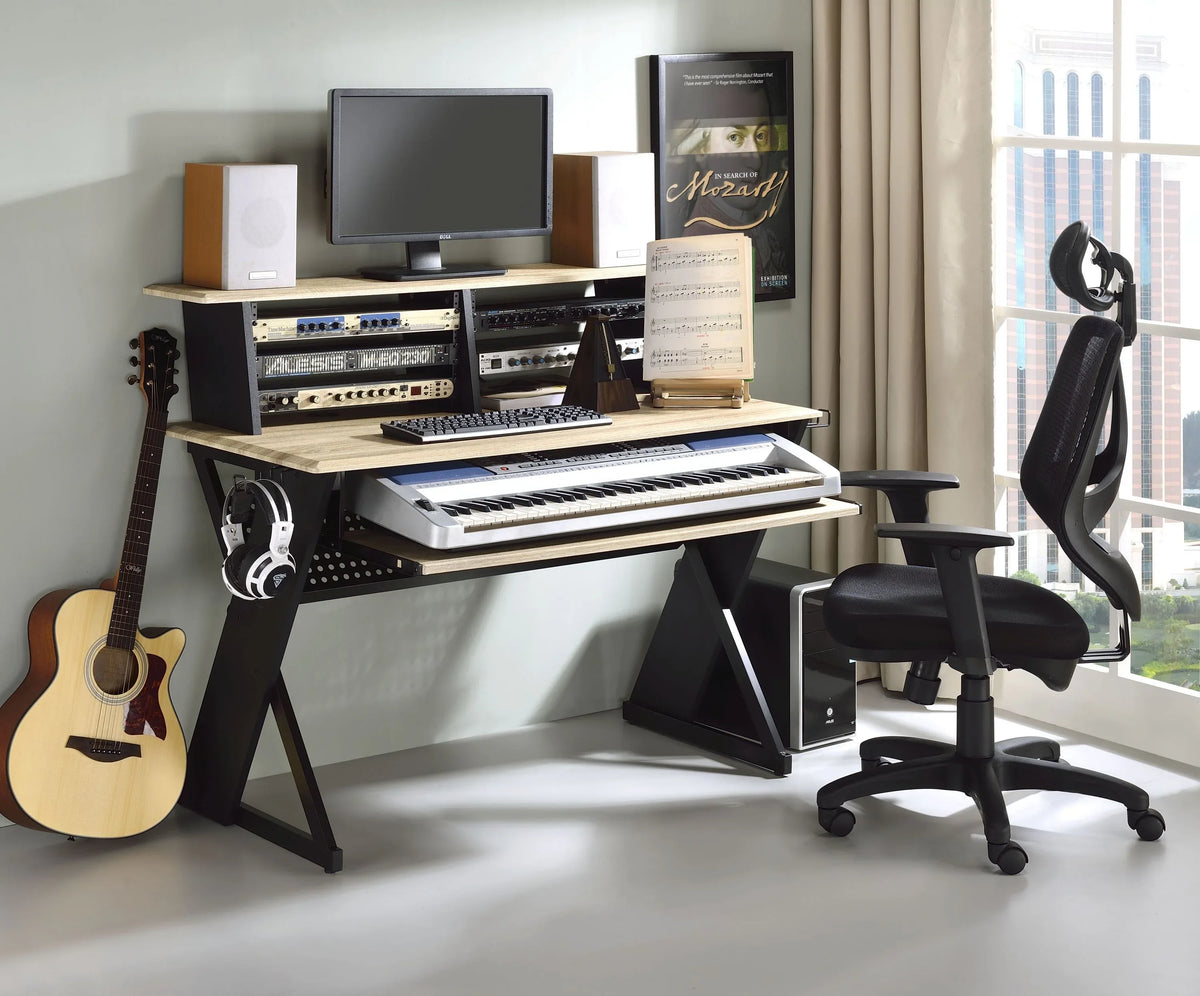 Natural Oak Finish Music Recording Studio Desk With Keyboard Tray - Omega Lifestyles