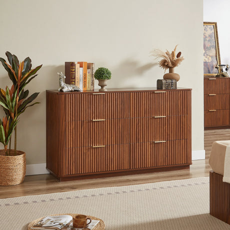 Modern Walnut 6-Drawer Dresser With Wave Design - Omega Lifestyles