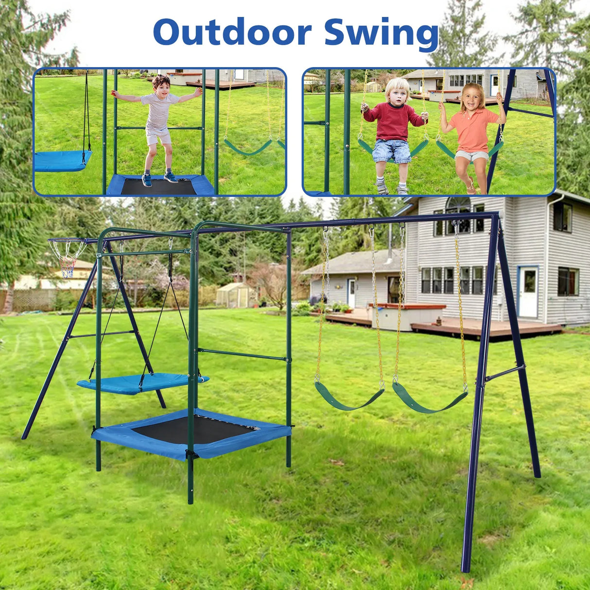 4-in-1 Backyard Steel Swing Set With Trampoline - Omega Lifestyles