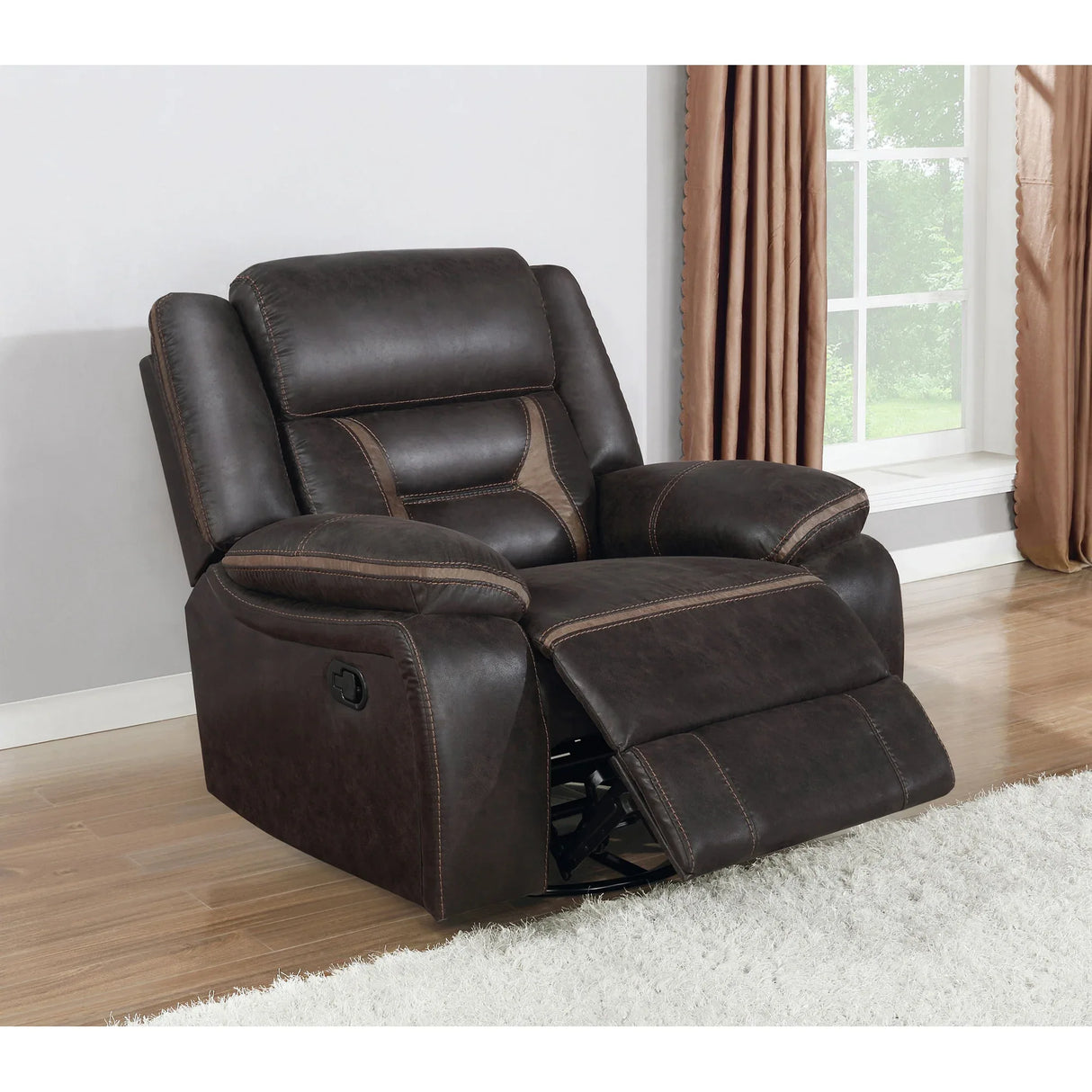 Brown Upholstered Swivel Glider Recliner With Pillow Top Arms - Omega Lifestyles